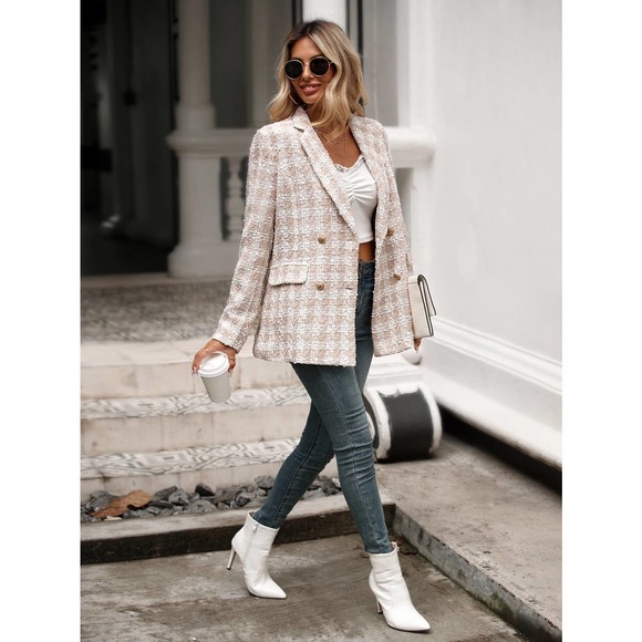 Plaid Lapel Collar Double Breasted Overcoat blazer pea coat cream - Picture 3 of 6